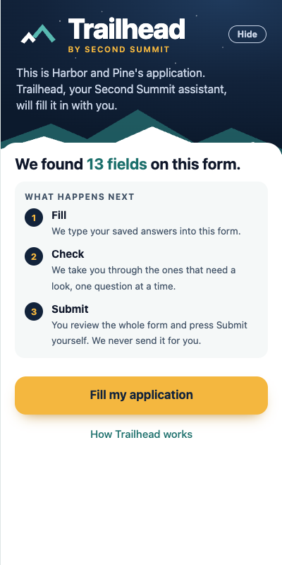 The Trailhead panel on an application form. It says it found 13 fields on the form, lists what happens next (fill, check, submit) and has a Fill my application button.