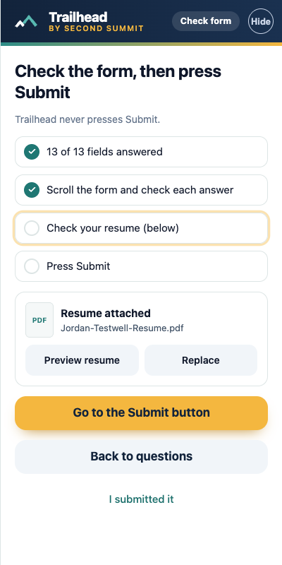 The Trailhead panel after the form is filled. It says check the form, then press Submit, shows 13 of 13 fields answered, the attached resume, and a Go to the Submit button button.