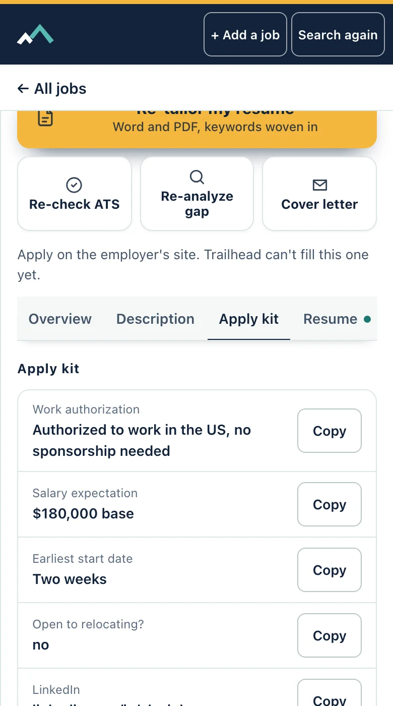 A job's Apply kit tab on a phone with sample data.