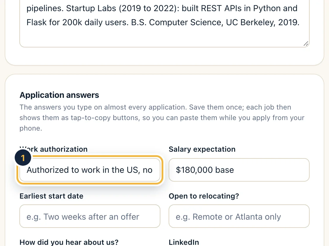 The Settings screen on sample data showing the Application answers section with fields for work authorization, salary expectation and start date.