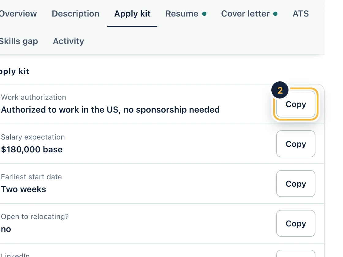 A job's Apply kit tab on sample data listing saved answers, each with a Copy button.