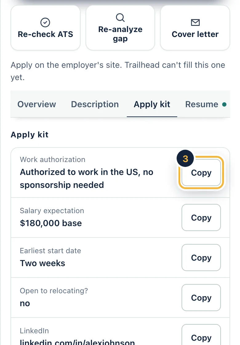 A job's Apply kit tab on a phone with sample data, showing saved answers with Copy buttons.