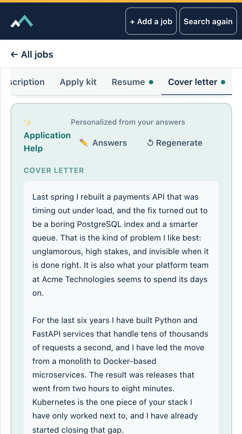 A cover letter on a phone with sample data.