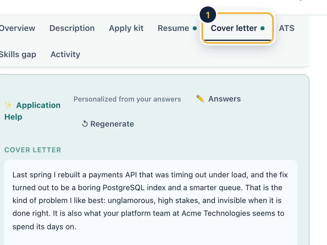 A job's Cover letter tab on sample data showing a finished letter with Regenerate and answer buttons.