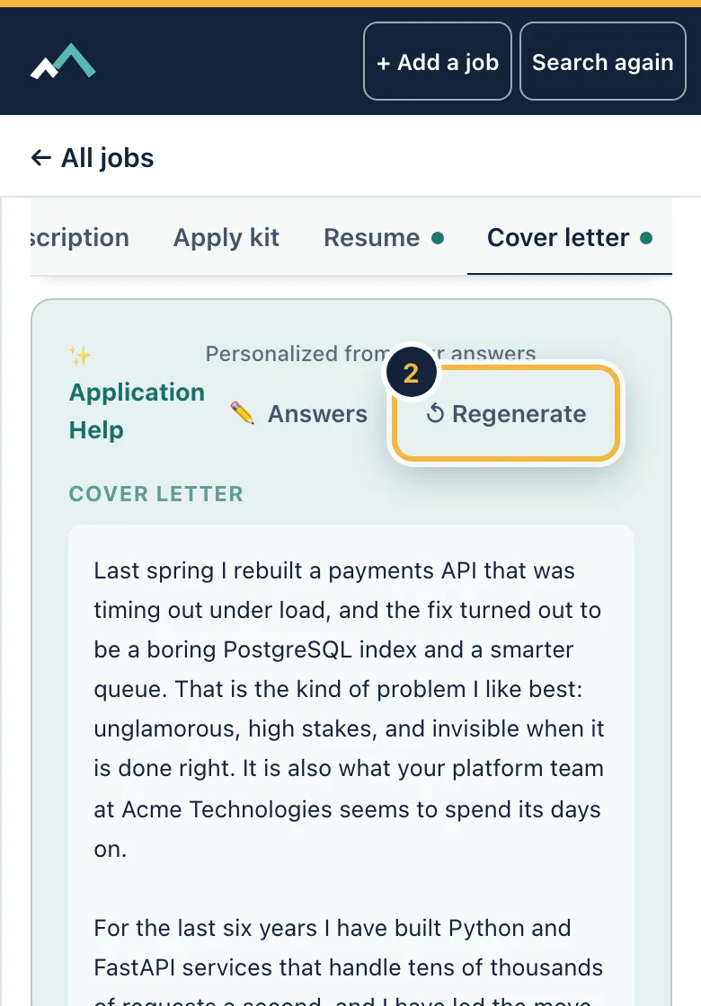 The Cover letter tab on a phone with sample data, showing the letter text.