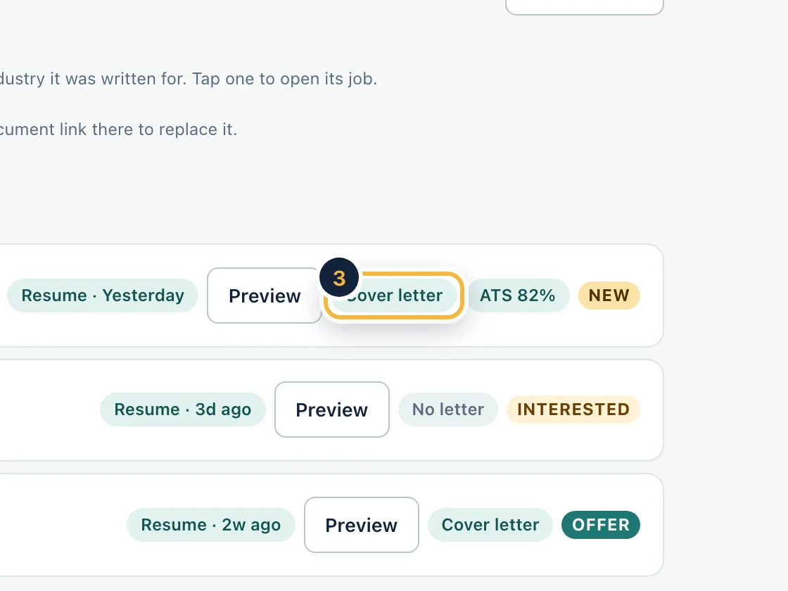The Documents screen on sample data listing each job with its resume, cover letter and ATS score.