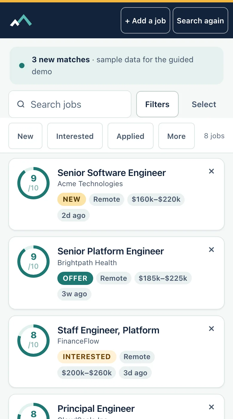The Jobs list on a phone with sample data, showing search, filters and scored jobs.
