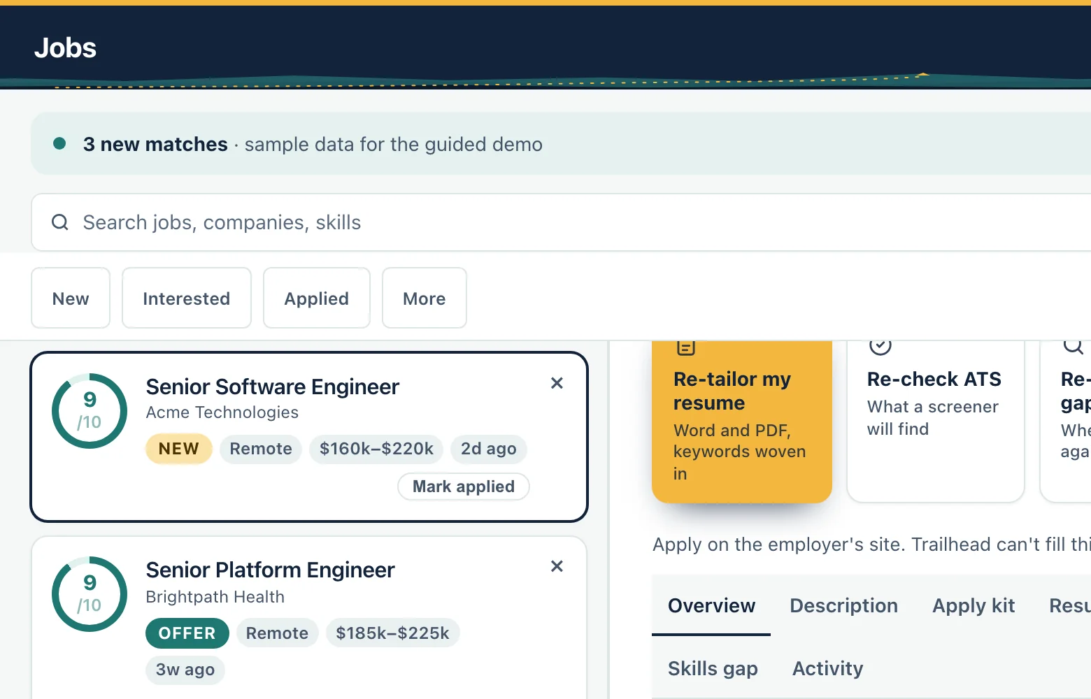 The Jobs screen on sample data: scored jobs and the open job with its score and actions.