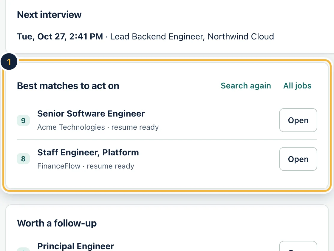 The Today screen on sample data: two new matches, interviews, the best matches to act on and a pipeline summary.