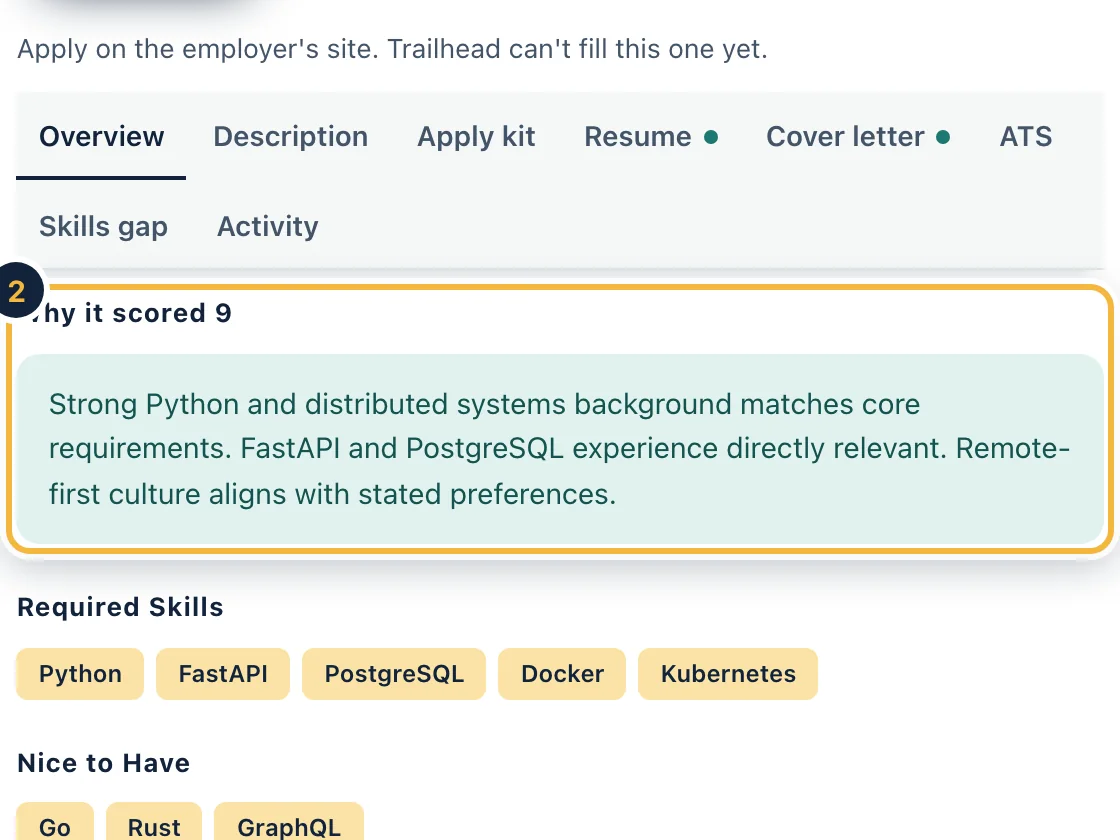 The Jobs screen on sample data: a list of scored jobs on the left and the open job with its score, status and actions on the right.