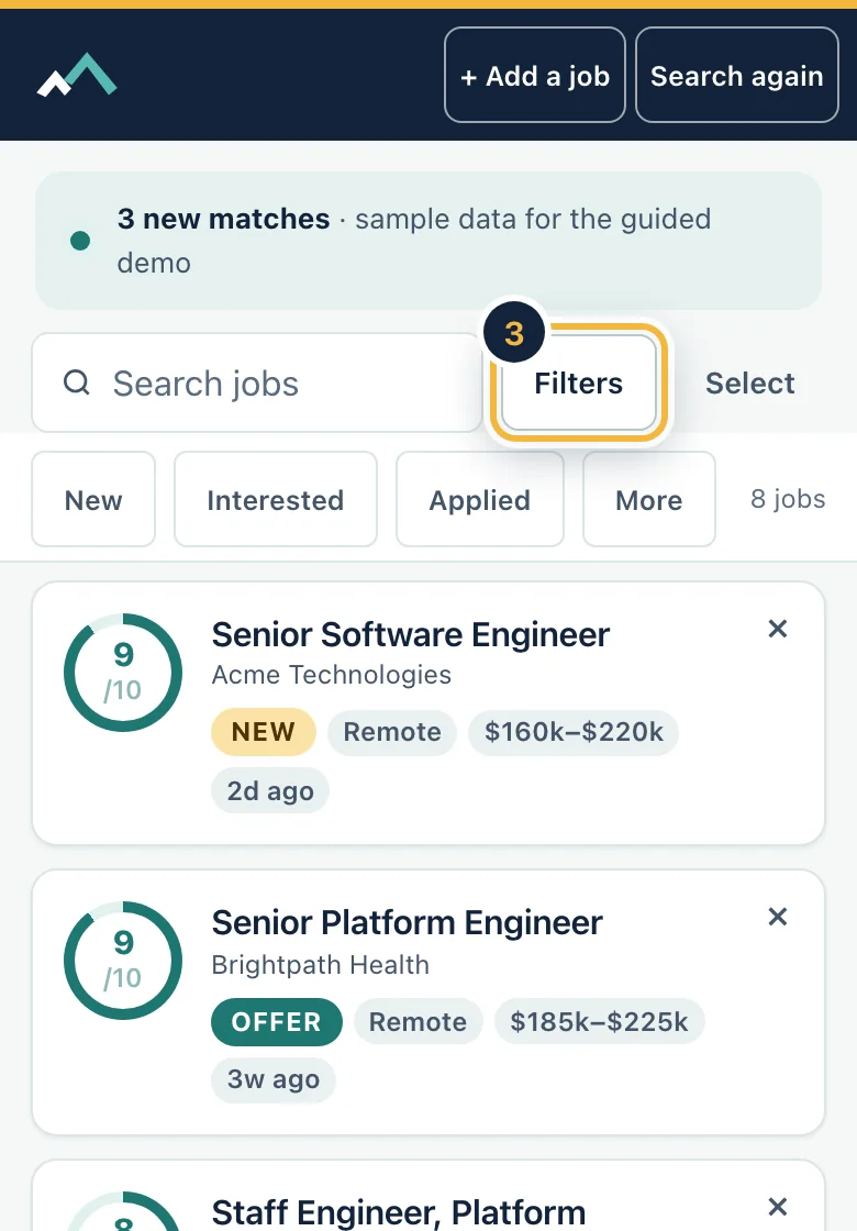 The Jobs list on a phone with sample data: a search box, filters and scored job cards.