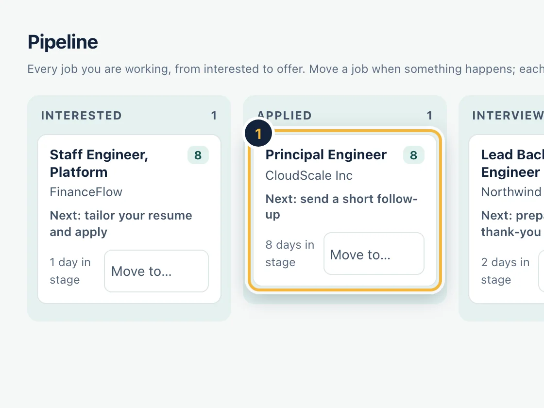 The Pipeline screen on sample data with columns for Interested, Applied, Interviewing, Offer and Closed.