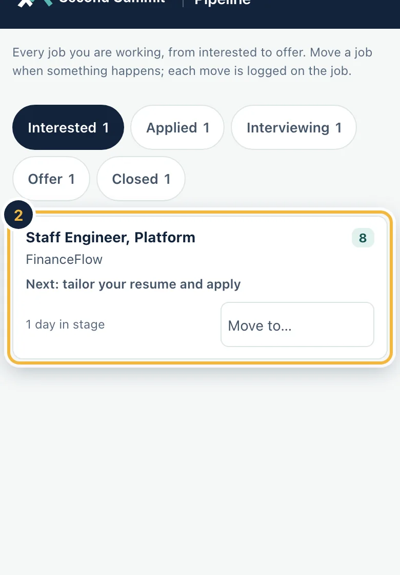 The Pipeline screen on a phone with sample data: stage chips at the top and one job card with a Move to button.