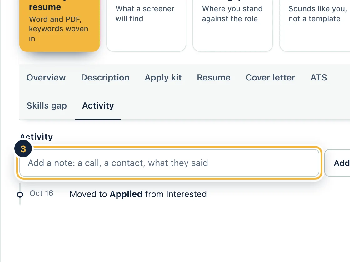 A job's Activity tab on sample data, with a box for notes and a line saying the job was moved to Applied.