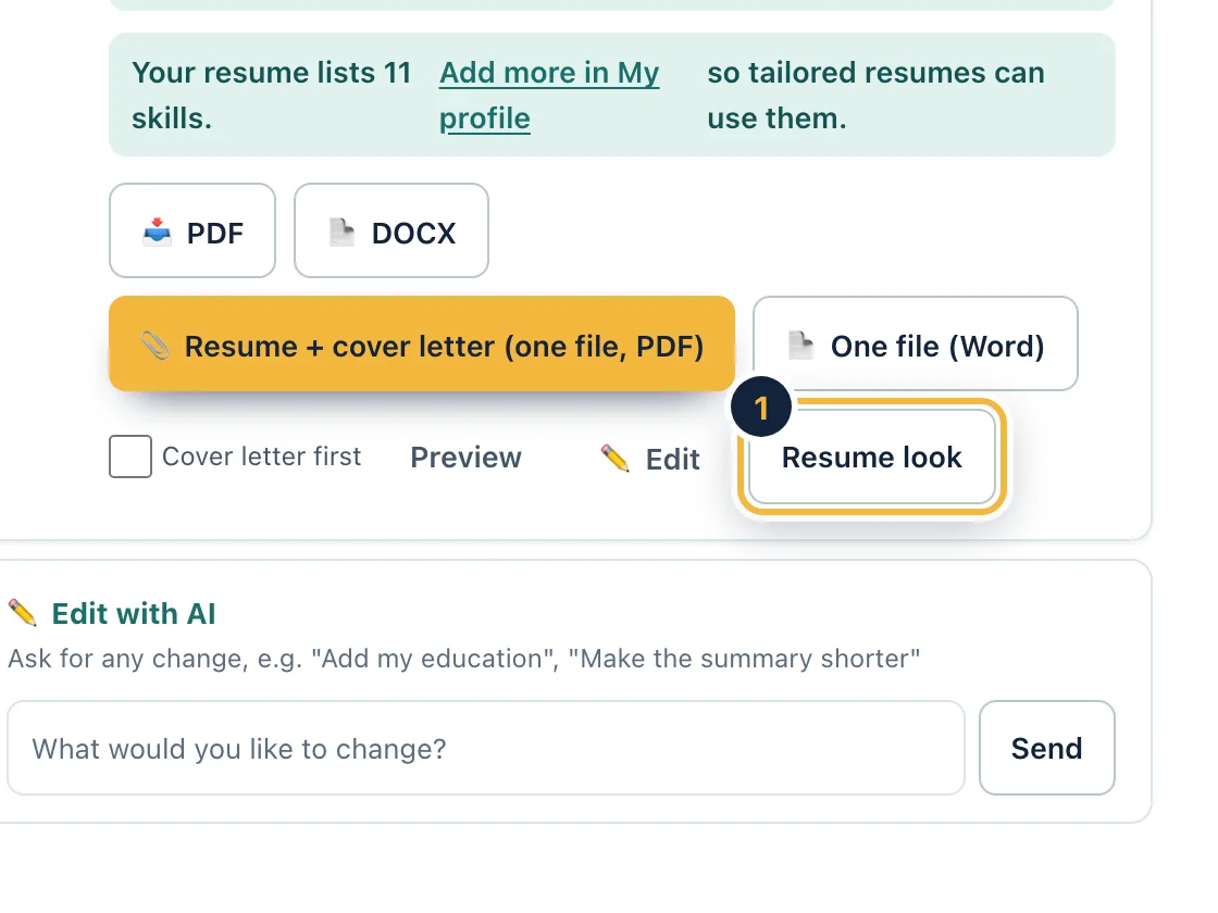 The Resume look screen on sample data: a resume preview on the left and design choices on the right.