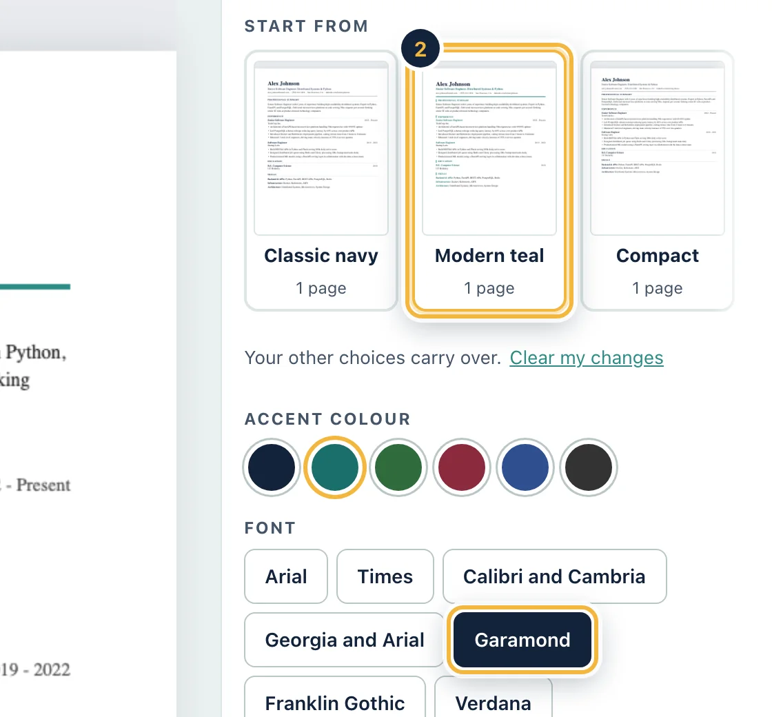 The Resume look screen on sample data after choosing Modern teal and a serif font, with the preview in teal.