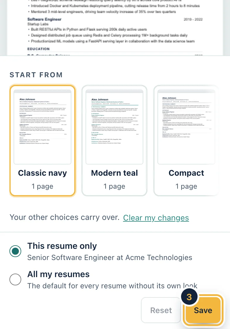 The Resume look screen on a phone with sample data, showing the preview and the design choices below it.