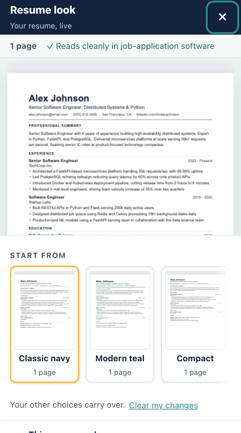 The Resume look screen on a phone with sample data.