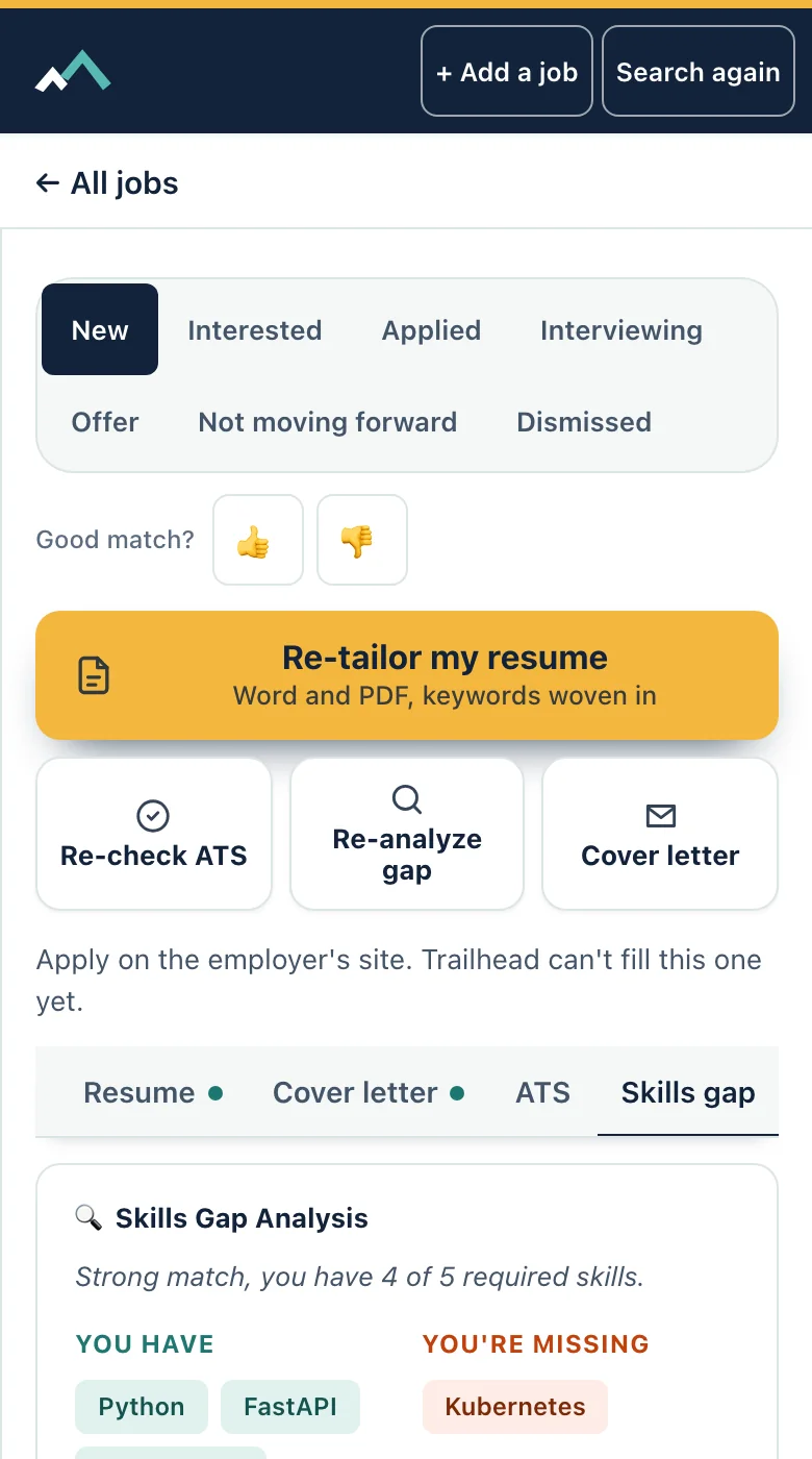 The skills gap view on a phone with sample data.