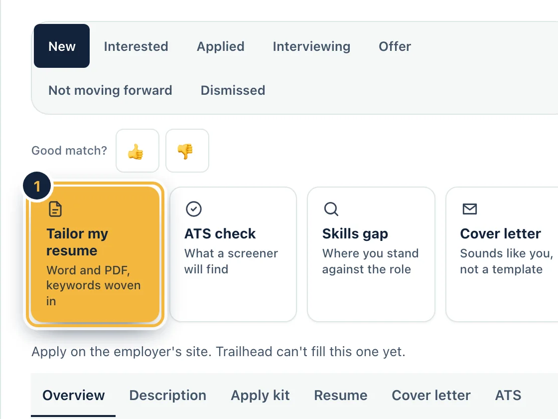 A job's Resume tab on sample data: a summary of what changed in the tailored resume and download buttons for PDF and Word.