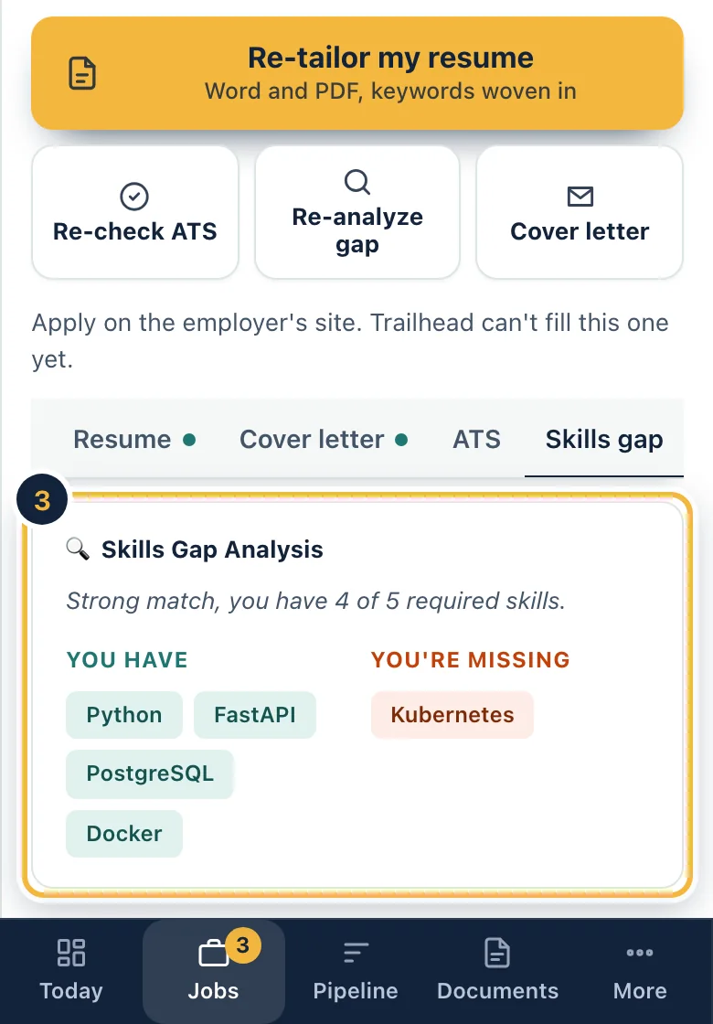 The Skills gap tab on a phone with sample data: skills you have and skills you are missing for one job.
