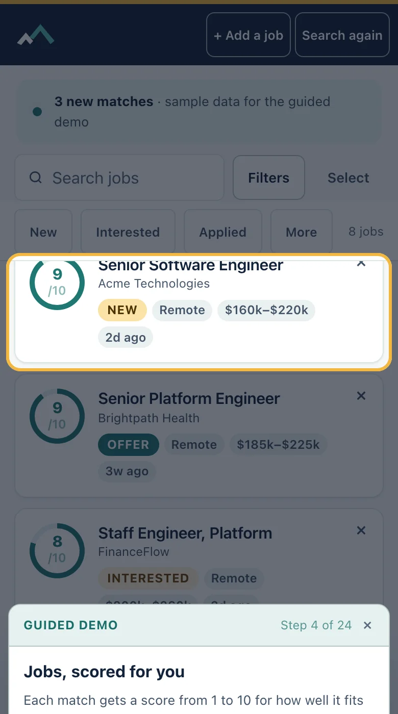 A guided demo step on a phone with sample data.