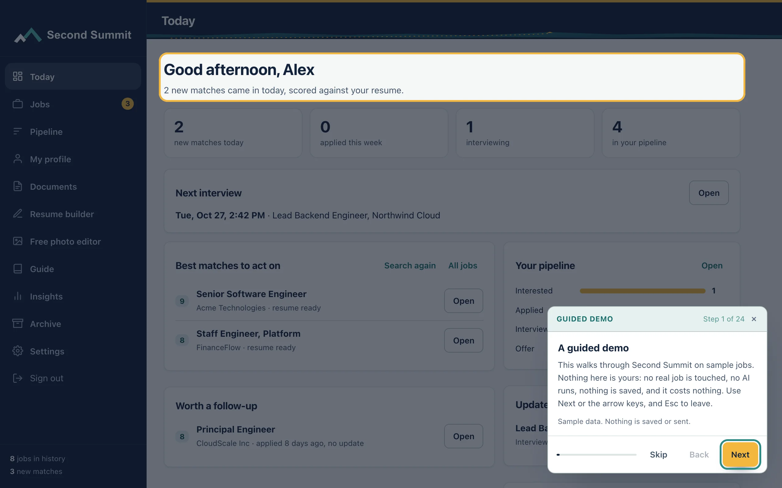 A guided demo step over the Jobs screen on sample data.
