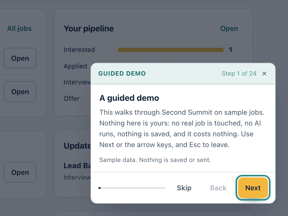 The first step of the guided demo over the Today screen, a card titled A guided demo with a Next button.