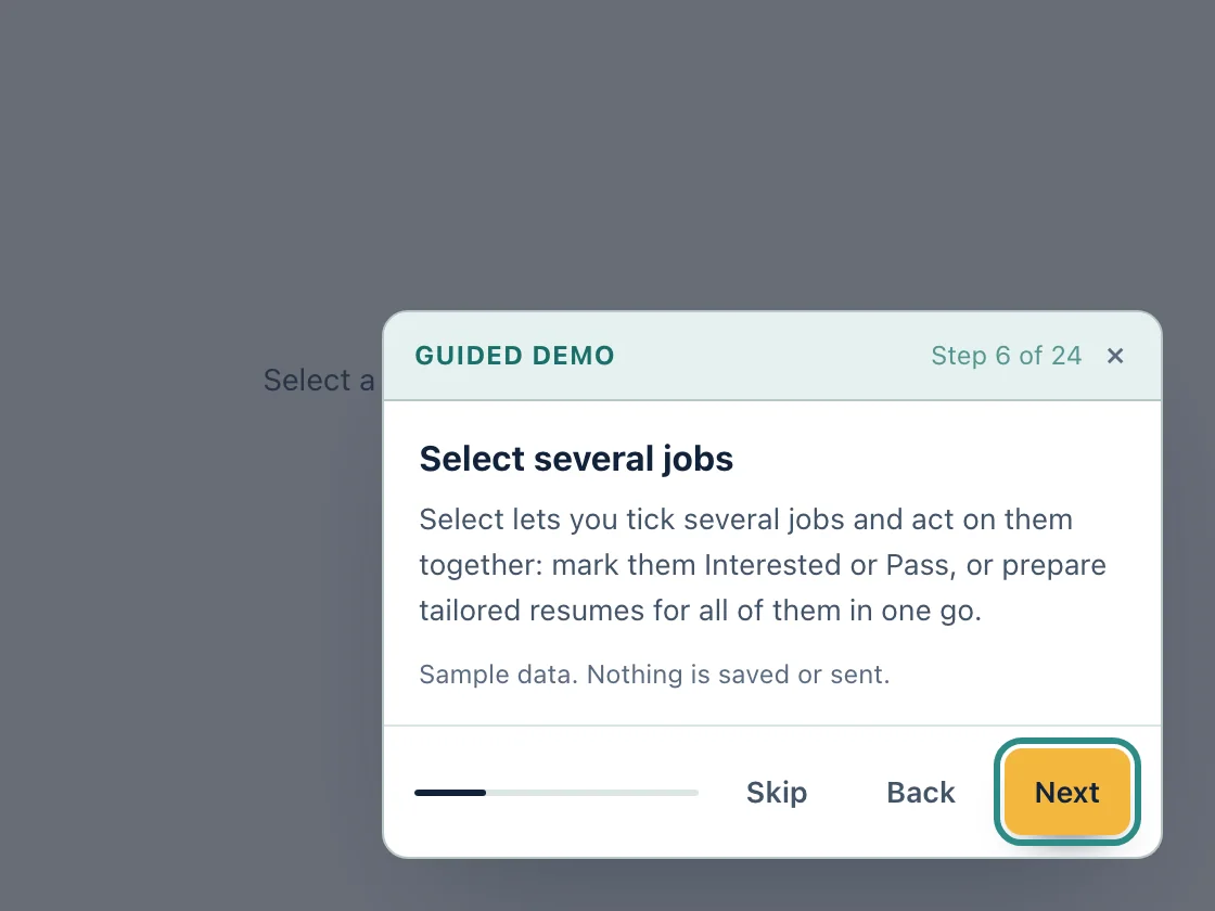 A guided demo step over the Jobs screen, explaining how to select several jobs at once.