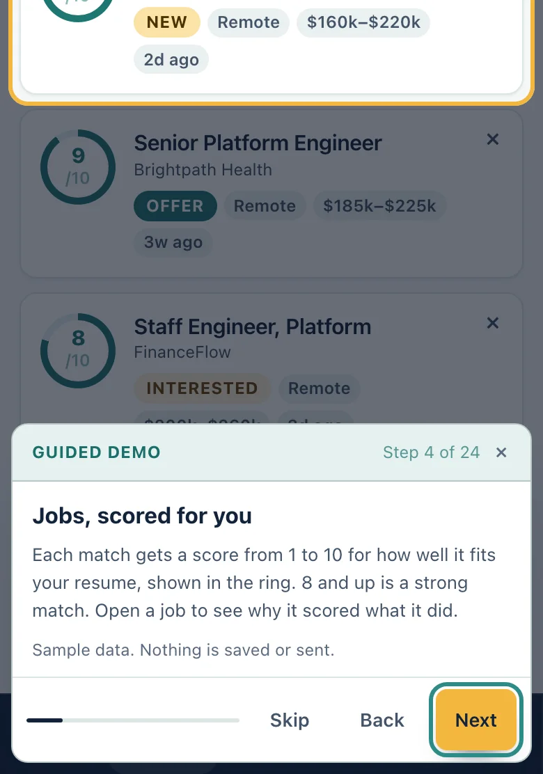 A guided demo step on a phone, the card docked at the bottom and the job list above it.