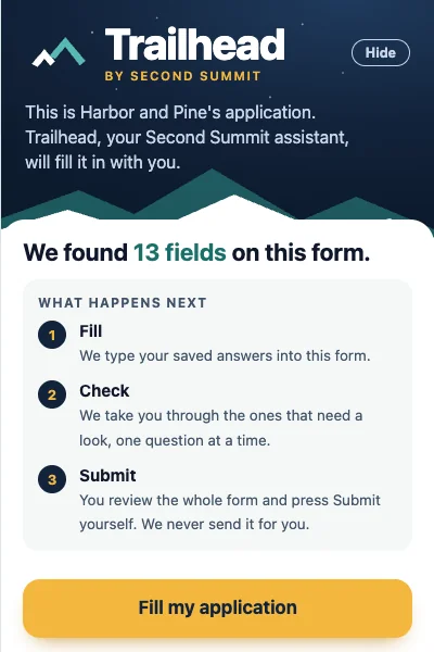 The Trailhead panel on an application form: it found 13 fields and explains three steps, Fill, Check and Submit.