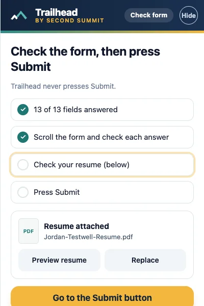The Trailhead panel on its last screen: a checklist, the attached resume and a button that goes to the Submit button.